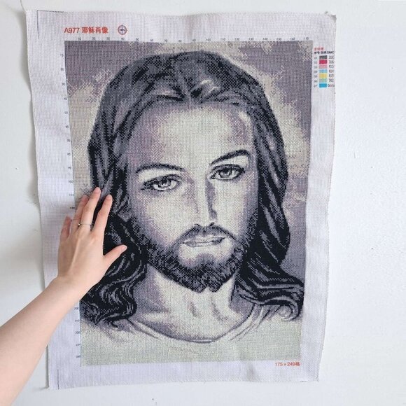 Hand Embroidered Jesus Christ Portrait Needlepoint Stitched Canvas Tapestry - Picture 3 of 7